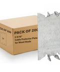 Go To Cable Protector Plate for Wood Studs 2-9/16 Inch Long Pack of 200 Pre Galvanized Steel with spikes shown next to packaging.