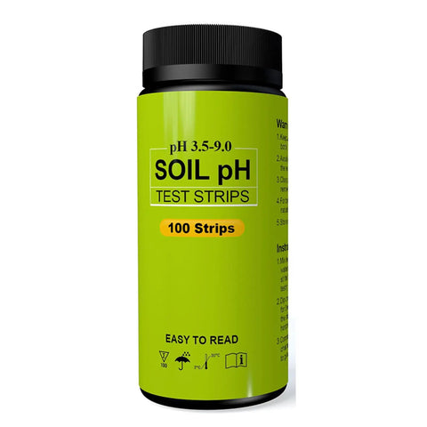 Green bottle of Soil pH Test Strips Kit 100 Count DIY Friendly Easy To Use Paper Strips For Lawn Garden Grass Veggies And Plants