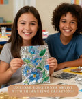 Two children displaying artwork from Gold Tin Foil Craft Kit With 15 Dual-Sided Aluminum Foil Sheets, painting and crafting activities.