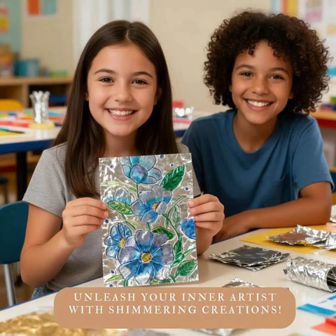 Two children displaying artwork from Gold Tin Foil Craft Kit With 15 Dual-Sided Aluminum Foil Sheets, painting and crafting activities.