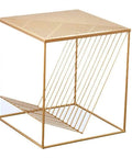 Straight Up Solid Industrial Wood Look End Table With Bottom Storage Shelf Slick Modern Side Desk angled view with gold metal frame
