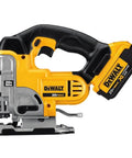 Slick 20V Max Cordless Jigsaw Kit With 4.0 Ah Battery And Fast Charger featuring yellow design and metal base for cutting.