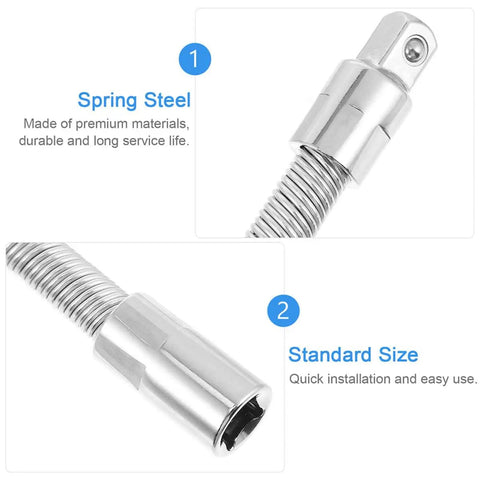 Close-up of Flexible Socket Extension Bar Half Inch Ratchet Extension Rod with springy soft shaft detail.