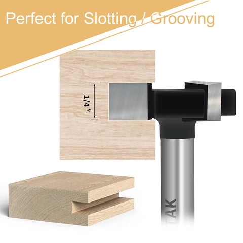 Pro Grade CNC Spoilboard Surfacing Router Bit 1 Quarter Inch Shank, 1 Inch Cutting Diameter, shown next to grooved wood plank