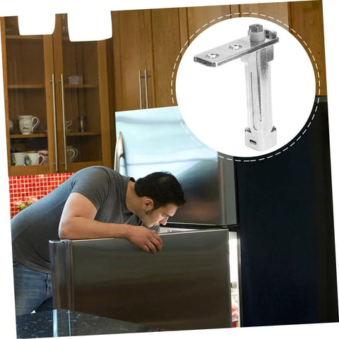Man inspecting fridge with inset showing Automatic Fridge Door Closer Hinge Zinc Alloy Self Closing With Precise Positioning For Fridge And Freezer Doors Durable Replacement That Keeps Temperature Stable And Energy Efficient.