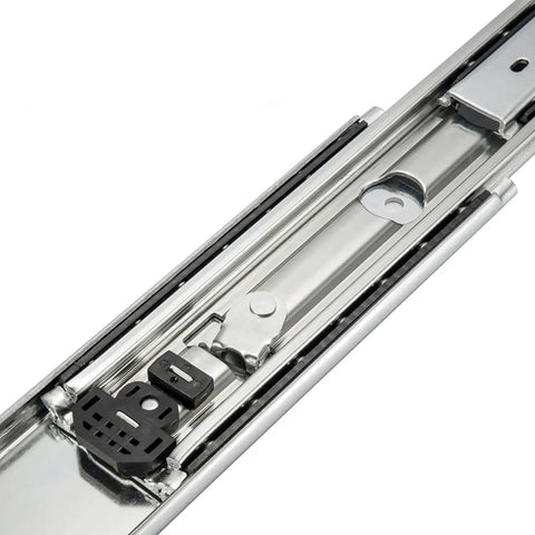 Close-up of Pair Of Heavy Duty Full Extension Ball Bearing Drawer Slides With Secure Locking Mechanism, steel frame, locking details.
