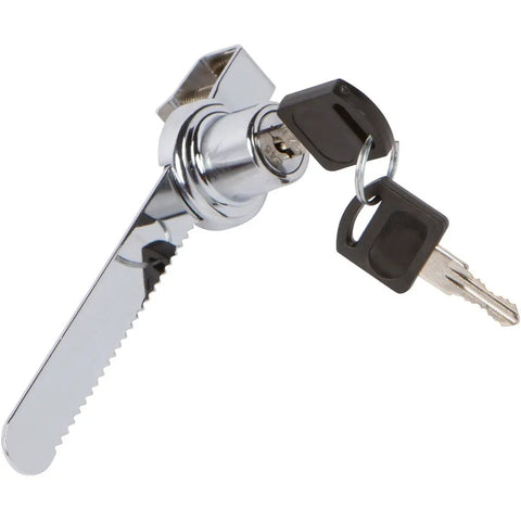Sliding Glass Door Ratchet Lock With Chrome Finish For Cabinets And Display Showcases, shows keys and lock fitted for 1/2 inch glass