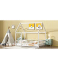 Floor Bed With Roof Frame And Safety Guardrails In White Rubber Wood For Playful Kids Rooms Durable Construction With Open Access