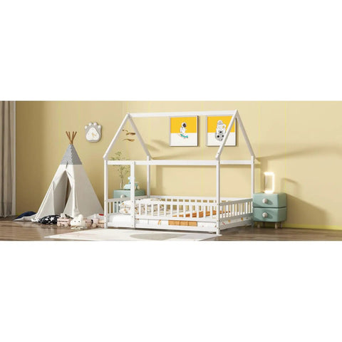 Floor Bed With Roof Frame And Safety Guardrails In White Rubber Wood For Playful Kids Rooms Durable Construction With Open Access