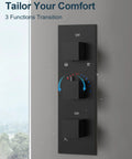 GRANDJOY Dual Rainfall Shower System, 3-Function, Matte Black control panel with three function settings on a wall.