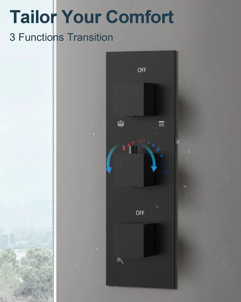 GRANDJOY Dual Rainfall Shower System, 3-Function, Matte Black control panel with three function settings on a wall.