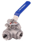 DERNORD 3-way stainless steel 304 ball valve with blue vinyl locking handle, 1/2 in NPT female ports front view