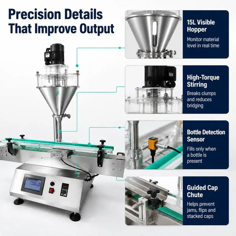 Desktop Automatic Powder Filling Machine With 15L Viewable Hopper And Precision 5 To 500 Milliliter Auger Filler showing precise features.