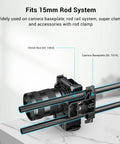 Badass 12 Inch Aluminum Camera Rig Rods With Industrial 15mm Diameter And Secure M12 Female Threads mounted on a camera baseplate.