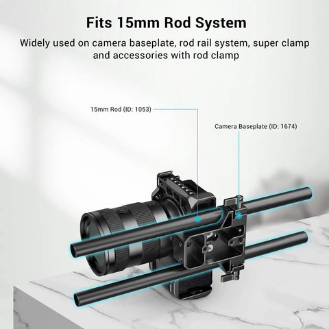 Badass 12 Inch Aluminum Camera Rig Rods With Industrial 15mm Diameter And Secure M12 Female Threads mounted on a camera baseplate.