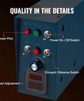 Control panel of Rock Solid Tilting Welding Positioner with switches for power and speed adjustments.