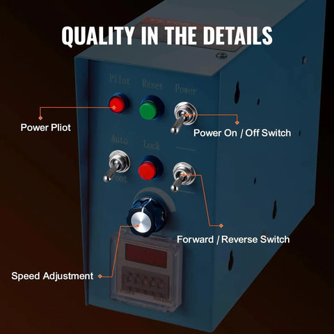 Control panel of Rock Solid Tilting Welding Positioner with switches for power and speed adjustments.