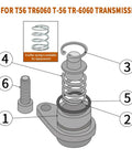 Reverse Lockout Solenoid Delete Kit for T56 and TR6060 Transmissions, CNC Machined Aluminum, Secure Clip Design, Dual Spring System with Standard and Soft Springs, Adjustable Resistance for Custom Shifts, Easy Install, Performance Upgrade diagram