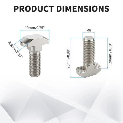 Premium Drop-In Fasteners For 45 Series Aluminum Extrusion Profiles, M8x20Mm Length, Rocksolid Steel Hardware shown with dimensions.