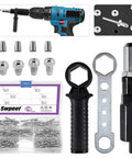 211Pcs Black Alloy Steel Electric Rivet Gun Adapter Kit with 2.4mm 3.2mm 4.0mm 4.8mm rivet heads, handle, wrench, and 500 aluminum rivets