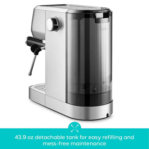 Essential Espresso Machine With 20 Bar Pressure, Stainless Steel Build, Milk Frother For Home Use, side view, 43.9oz tank