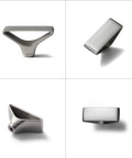Four views of Six Pack Brushed Nickel Triangular Cabinet Knobs With Open Center Design for modern cabinets and drawers, geometric flair.