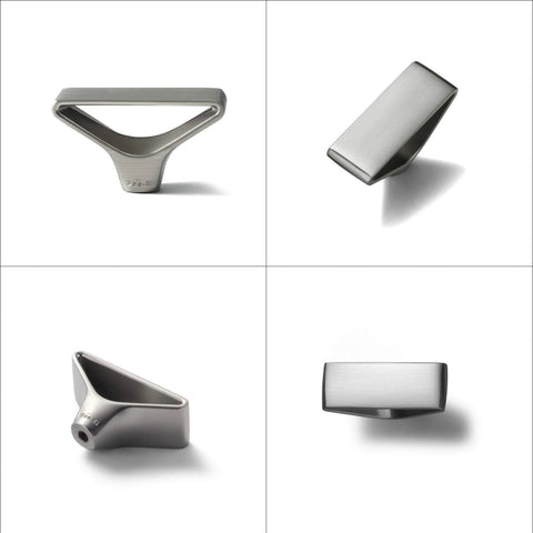 Four views of Six Pack Brushed Nickel Triangular Cabinet Knobs With Open Center Design for modern cabinets and drawers, geometric flair.