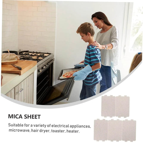 Family using oven with pizza next to 2 Sets Mica Sheet For Microwave Oven Replacement Heat Insulation Accessory Waveguide Mica Plate.