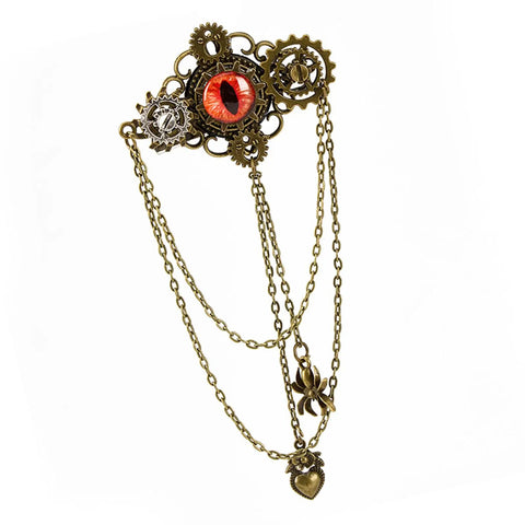 Epic Unisex Steampunk Hair Clip With Spinning Gears And Creepy Devil Eye Brooch For Halloween Costumes Or Gothic Daily Style Antique Gold Metal Alloy Jewelry Accessory on white background.