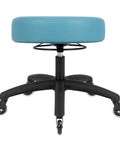 Heavy Duty 17 Inch Round Swivel Stool With Table Height Frame, Dead Simple To Wipe Clean Vinyl Seat And Smooth Rubber Rollers, Built Tough For Garage Jobs Or Medical Clinic Tasks In Aqua Blue - top view of aqua blue stool with black base and casters.