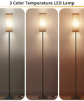 Modern LED Floor Lamp With 3 Color Temperatures Adjustable Brightness For Living Room And Bedroom Cozy Reading Light Standing Lamp Built For A Dope Office Decor Vibe, showcasing three lighting modes in a tall design with linen shade.