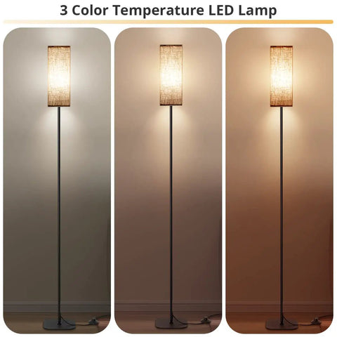 Modern LED Floor Lamp With 3 Color Temperatures Adjustable Brightness For Living Room And Bedroom Cozy Reading Light Standing Lamp Built For A Dope Office Decor Vibe, showcasing three lighting modes in a tall design with linen shade.