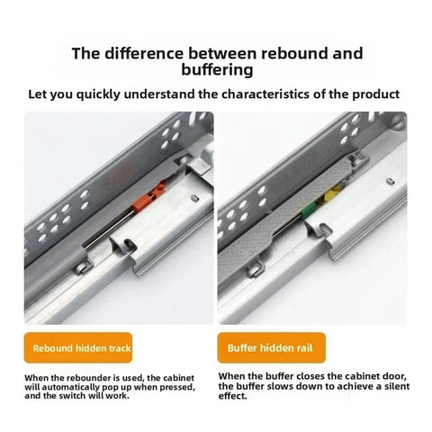 Comparison of rebound and buffer tracks for Built Tough Three Section Undermount Drawer Slides, showcasing silent operation features.