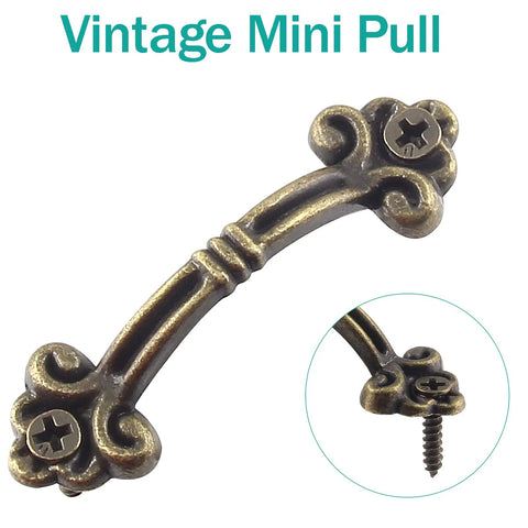 Vintage Mini Drawer Pulls 20 Pack Bronze Zinc Alloy Antique Style Handles with Mounting Screws close-up view