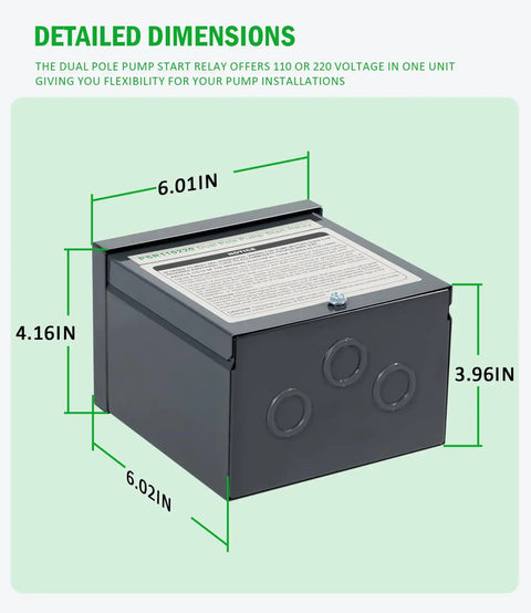 Universal Dual Pole Pump Start Relay 110V 220V Replacement For Irrigation Systems dimensions shown
