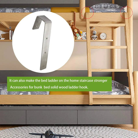 Heavy Duty Stainless Steel Bunk Bed Ladder Hooks Swivel Brackets With Super Tight Grip Lock In Design Anti Rust Flexible Rotation Top Shelf Bed Frame Clamps Set mounted on a wooden bunk bed.
