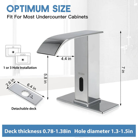 Touchless Bathroom Sink Faucet With Sensor Modern Brass Matte Black Hands Free Lavatory Faucet Single Hole Design Includes Hole Cover Plate Ideal For Home Or Commercial Use, shown with measurements and detachable deck plate on white background