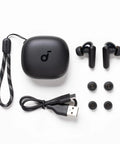 True Wireless Earbuds Pack Straight Fire Deep Bass And 30 Hour Playtime With Customizable App Controls Ergonomic Fit in black with charging case and accessories.