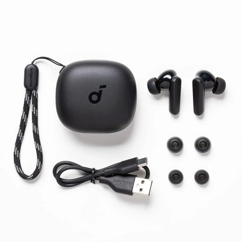True Wireless Earbuds Pack Straight Fire Deep Bass And 30 Hour Playtime With Customizable App Controls Ergonomic Fit in black with charging case and accessories.