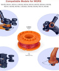 Auto Feed Trimmer Spool Line 0.065 Inch 11 Ft Refills for electric string trimmers, spool and compatible Worx models displayed