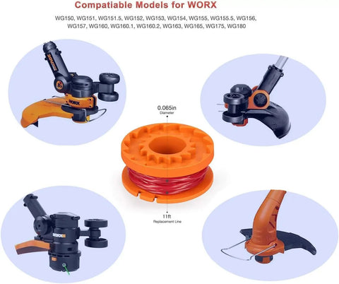 Auto Feed Trimmer Spool Line 0.065 Inch 11 Ft Refills for electric string trimmers, spool and compatible Worx models displayed