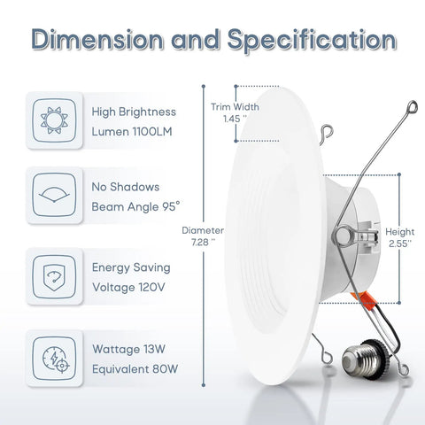 Dimensions of a Six Inch Smart LED Recessed Lights Eight Pack Retrofit Can Lights With RGB CW Color Changing Dimmable Downlights, 1100 Lumens, 13W, 2700K To 6500K, Works With Alexa And Google Assistant, Easy App Control And Scheduling, showing high brightness 1100 lumens, trim width 1.45 inches, diameter 7.28 inches, and height 2.55 inches.