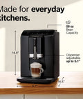 Fully Automatic Espresso Machine With Ceramic Burr Grinder Offering Straight Up Perfect Bean To Cup Coffee Through No Sweat One Touch Brewing And Creamy Milk Frother, featuring adjustable height for mugs.