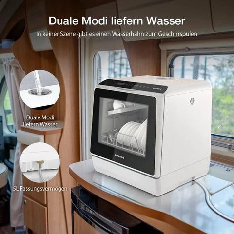 Compact Mini Wifi Smart Countertop Dishwasher With 5L Built In Water Tank And Six Wash Programs on kitchen counter.