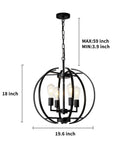 Large Lantern Globe Black Chandelier For Farmhouse Vibe, Four Light Pendant Ceiling Fixture dimensions shown