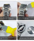 Watch Back Cover Remover Tool Case Opener Pry For Battery Replacement being used to open a watch back cover in four steps.