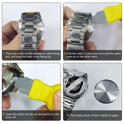 Watch Back Cover Remover Tool Case Opener Pry For Battery Replacement being used to open a watch back cover in four steps.