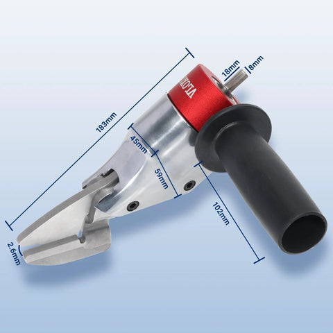 VlOXO sheet metal cutter drill attachment with 360° pivoting handle; red collar, silver body, black grip