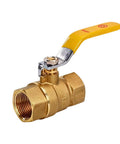 Heavy Duty Full Port Brass Ball Valve 3/4 Inch Threaded Pipe Fitting For Water Air Oil And Gas Built Tough As Nails Corrosion Resistant Workhorse For No Fuss Operation Single Pack close-up showing yellow handle and threaded fitting.