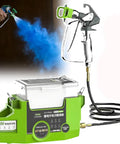 Cordless Airless Paint Sprayer With Roomy 1.7 Liter Tank Wireless Spray Gun spraying blue paint from its nozzle.